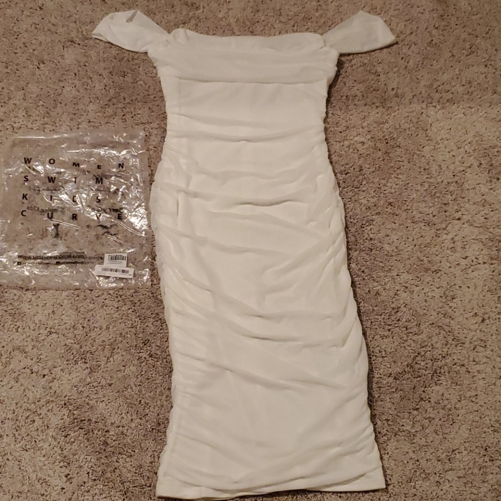 White off the shoulder midi fitted dress